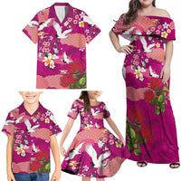 Hawaiian and Japanese Culture Together Family Matching Off Shoulder Maxi Dress and Hawaiian Shirt Pink Ohia Lehua Plumeria and Sakura Blooming - Polynesian Pride