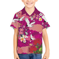 Hawaiian and Japanese Culture Together Family Matching Off Shoulder Maxi Dress and Hawaiian Shirt Pink Ohia Lehua Plumeria and Sakura Blooming - Polynesian Pride