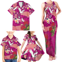 Hawaiian and Japanese Culture Together Family Matching Tank Maxi Dress and Hawaiian Shirt Pink Ohia Lehua Plumeria and Sakura Blooming - Polynesian Pride