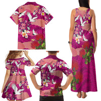 Hawaiian and Japanese Culture Together Family Matching Tank Maxi Dress and Hawaiian Shirt Pink Ohia Lehua Plumeria and Sakura Blooming - Polynesian Pride