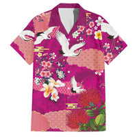 Hawaiian and Japanese Culture Together Family Matching Tank Maxi Dress and Hawaiian Shirt Pink Ohia Lehua Plumeria and Sakura Blooming - Polynesian Pride