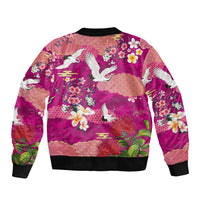 Hawaiian and Japanese Culture Together Sleeve Zip Bomber Jacket Pink Ohia Lehua Plumeria and Sakura Blooming - Polynesian Pride