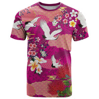 Hawaiian and Japanese Culture Together T Shirt Pink Ohia Lehua Plumeria and Sakura Blooming - Polynesian Pride