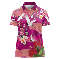 Hawaiian and Japanese Culture Together Women Polo Shirt Pink Ohia Lehua Plumeria and Sakura Blooming - Polynesian Pride