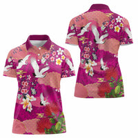 Hawaiian and Japanese Culture Together Women Polo Shirt Pink Ohia Lehua Plumeria and Sakura Blooming - Polynesian Pride