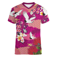 Hawaiian and Japanese Culture Together Women V-Neck T-Shirt Pink Ohia Lehua Plumeria and Sakura Blooming - Polynesian Pride
