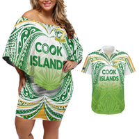 Custom Cook Islands Rugby League Couples Matching Off Shoulder Short Dress and Hawaiian Shirt Tatau Tribal Motifs-Light Green Color - Polynesian Pride
