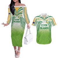 Custom Cook Islands Rugby League Couples Matching Off The Shoulder Long Sleeve Dress and Hawaiian Shirt Tatau Tribal Motifs-Light Green Color - Polynesian Pride