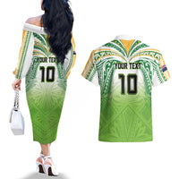 Custom Cook Islands Rugby League Couples Matching Off The Shoulder Long Sleeve Dress and Hawaiian Shirt Tatau Tribal Motifs-Light Green Color - Polynesian Pride