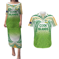 Custom Cook Islands Rugby League Couples Matching Puletasi and Hawaiian Shirt Tatau Tribal Motifs-Light Green Color - Polynesian Pride