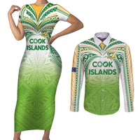 Custom Cook Islands Rugby League Couples Matching Short Sleeve Bodycon Dress and Long Sleeve Button Shirt Tatau Tribal Motifs-Light Green Color - Polynesian Pride