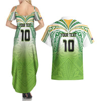 Custom Cook Islands Rugby League Couples Matching Summer Maxi Dress and Hawaiian Shirt Tatau Tribal Motifs-Light Green Color - Polynesian Pride