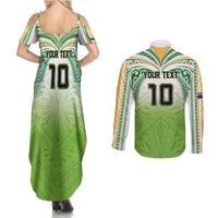 Custom Cook Islands Rugby League Couples Matching Summer Maxi Dress and Long Sleeve Button Shirt Tatau Tribal Motifs-Light Green Color - Polynesian Pride
