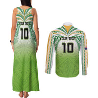 Custom Cook Islands Rugby League Couples Matching Tank Maxi Dress and Long Sleeve Button Shirt Tatau Tribal Motifs-Light Green Color - Polynesian Pride