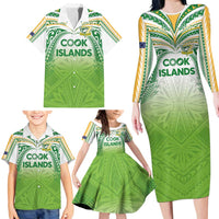 Custom Cook Islands Rugby League Family Matching Long Sleeve Bodycon Dress and Hawaiian Shirt Tatau Tribal Motifs-Light Green Color - Polynesian Pride