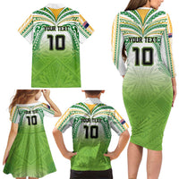 Custom Cook Islands Rugby League Family Matching Long Sleeve Bodycon Dress and Hawaiian Shirt Tatau Tribal Motifs-Light Green Color - Polynesian Pride