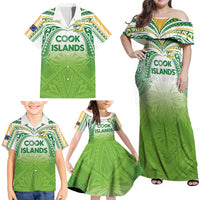 Custom Cook Islands Rugby League Family Matching Off Shoulder Maxi Dress and Hawaiian Shirt Tatau Tribal Motifs-Light Green Color - Polynesian Pride