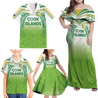 Custom Cook Islands Rugby League Family Matching Off Shoulder Maxi Dress and Hawaiian Shirt Tatau Tribal Motifs-Light Green Color - Polynesian Pride