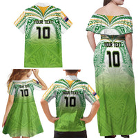 Custom Cook Islands Rugby League Family Matching Off Shoulder Maxi Dress and Hawaiian Shirt Tatau Tribal Motifs-Light Green Color - Polynesian Pride