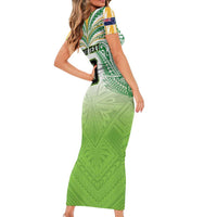 Custom Cook Islands Rugby League Family Matching Short Sleeve Bodycon Dress and Hawaiian Shirt Tatau Tribal Motifs-Light Green Color - Polynesian Pride