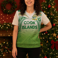 Custom Cook Islands Rugby League Christmas Knitted V-Neck Vest Tatau Tribal Motifs-Light Green Color - Polynesian Pride