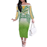 Custom Cook Islands Rugby League Off The Shoulder Long Sleeve Dress Tatau Tribal Motifs-Light Green Color - Polynesian Pride