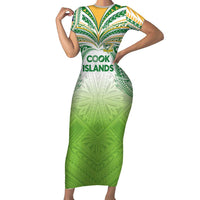 Custom Cook Islands Rugby League Short Sleeve Bodycon Dress Tatau Tribal Motifs-Light Green Color - Polynesian Pride