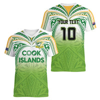 Custom Cook Islands Rugby League Women V-Neck T-Shirt Tatau Tribal Motifs-Light Green Color - Polynesian Pride