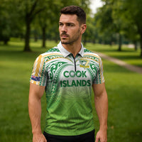 Custom Cook Islands Rugby League Zipper Polo Shirt Tatau Tribal Motifs-Light Green Color - Polynesian Pride