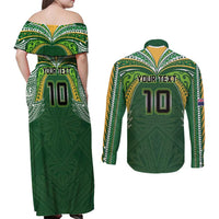 Custom Cook Islands Rugby League Couples Matching Off Shoulder Maxi Dress and Long Sleeve Button Shirt Tatau Tribal Motifs-Dark Green Color - Polynesian Pride