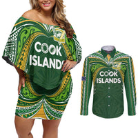 Custom Cook Islands Rugby League Couples Matching Off Shoulder Short Dress and Long Sleeve Button Shirt Tatau Tribal Motifs-Dark Green Color - Polynesian Pride