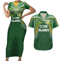 Custom Cook Islands Rugby League Couples Matching Short Sleeve Bodycon Dress and Hawaiian Shirt Tatau Tribal Motifs-Dark Green Color - Polynesian Pride