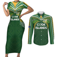 Custom Cook Islands Rugby League Couples Matching Short Sleeve Bodycon Dress and Long Sleeve Button Shirt Tatau Tribal Motifs-Dark Green Color - Polynesian Pride