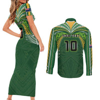 Custom Cook Islands Rugby League Couples Matching Short Sleeve Bodycon Dress and Long Sleeve Button Shirt Tatau Tribal Motifs-Dark Green Color - Polynesian Pride