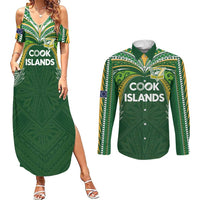 Custom Cook Islands Rugby League Couples Matching Summer Maxi Dress and Long Sleeve Button Shirt Tatau Tribal Motifs-Dark Green Color - Polynesian Pride