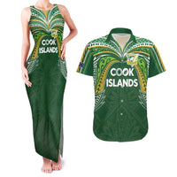 Custom Cook Islands Rugby League Couples Matching Tank Maxi Dress and Hawaiian Shirt Tatau Tribal Motifs-Dark Green Color - Polynesian Pride