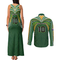 Custom Cook Islands Rugby League Couples Matching Tank Maxi Dress and Long Sleeve Button Shirt Tatau Tribal Motifs-Dark Green Color - Polynesian Pride