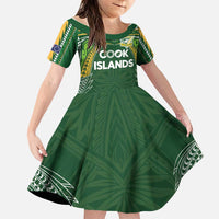 Custom Cook Islands Rugby League Family Matching Long Sleeve Bodycon Dress and Hawaiian Shirt Tatau Tribal Motifs-Dark Green Color - Polynesian Pride