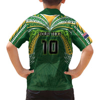 Custom Cook Islands Rugby League Family Matching Off Shoulder Maxi Dress and Hawaiian Shirt Tatau Tribal Motifs-Dark Green Color - Polynesian Pride