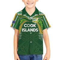 Custom Cook Islands Rugby League Family Matching Off Shoulder Maxi Dress and Hawaiian Shirt Tatau Tribal Motifs-Dark Green Color - Polynesian Pride