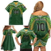 Custom Cook Islands Rugby League Family Matching Off Shoulder Short Dress and Hawaiian Shirt Tatau Tribal Motifs-Dark Green Color - Polynesian Pride