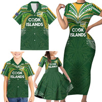 Custom Cook Islands Rugby League Family Matching Short Sleeve Bodycon Dress and Hawaiian Shirt Tatau Tribal Motifs-Dark Green Color - Polynesian Pride