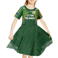 Custom Cook Islands Rugby League Kid Short Sleeve Dress Tatau Tribal Motifs-Dark Green Color - Polynesian Pride