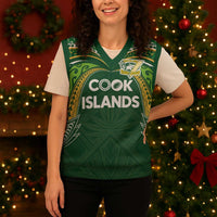 Custom Cook Islands Rugby League Christmas Knitted V-Neck Vest Tatau Tribal Motifs-Dark Green Color - Polynesian Pride