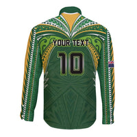 Custom Cook Islands Rugby League Long Sleeve Button Shirt Tatau Tribal Motifs-Dark Green Color - Polynesian Pride