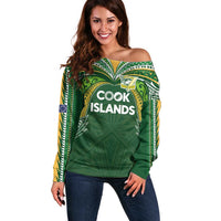 Custom Cook Islands Rugby League Off Shoulder Sweater Tatau Tribal Motifs-Dark Green Color - Polynesian Pride