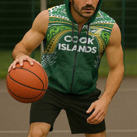 Custom Cook Islands Rugby League Sleeveless Zip Hoodie Tatau Tribal Motifs-Dark Green Color - Polynesian Pride