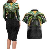 Custom Cook Islands Rugby League Couples Matching Long Sleeve Bodycon Dress and Hawaiian Shirt Tatau Tribal Motifs-Black Color - Polynesian Pride