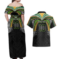 Custom Cook Islands Rugby League Couples Matching Off Shoulder Maxi Dress and Hawaiian Shirt Tatau Tribal Motifs-Black Color - Polynesian Pride