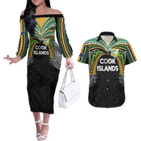 Custom Cook Islands Rugby League Couples Matching Off The Shoulder Long Sleeve Dress and Hawaiian Shirt Tatau Tribal Motifs-Black Color - Polynesian Pride